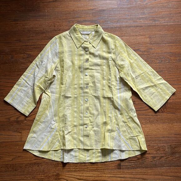 Soft Surroundings Yellow & White Striped Linen Top - Picture 1 of 6